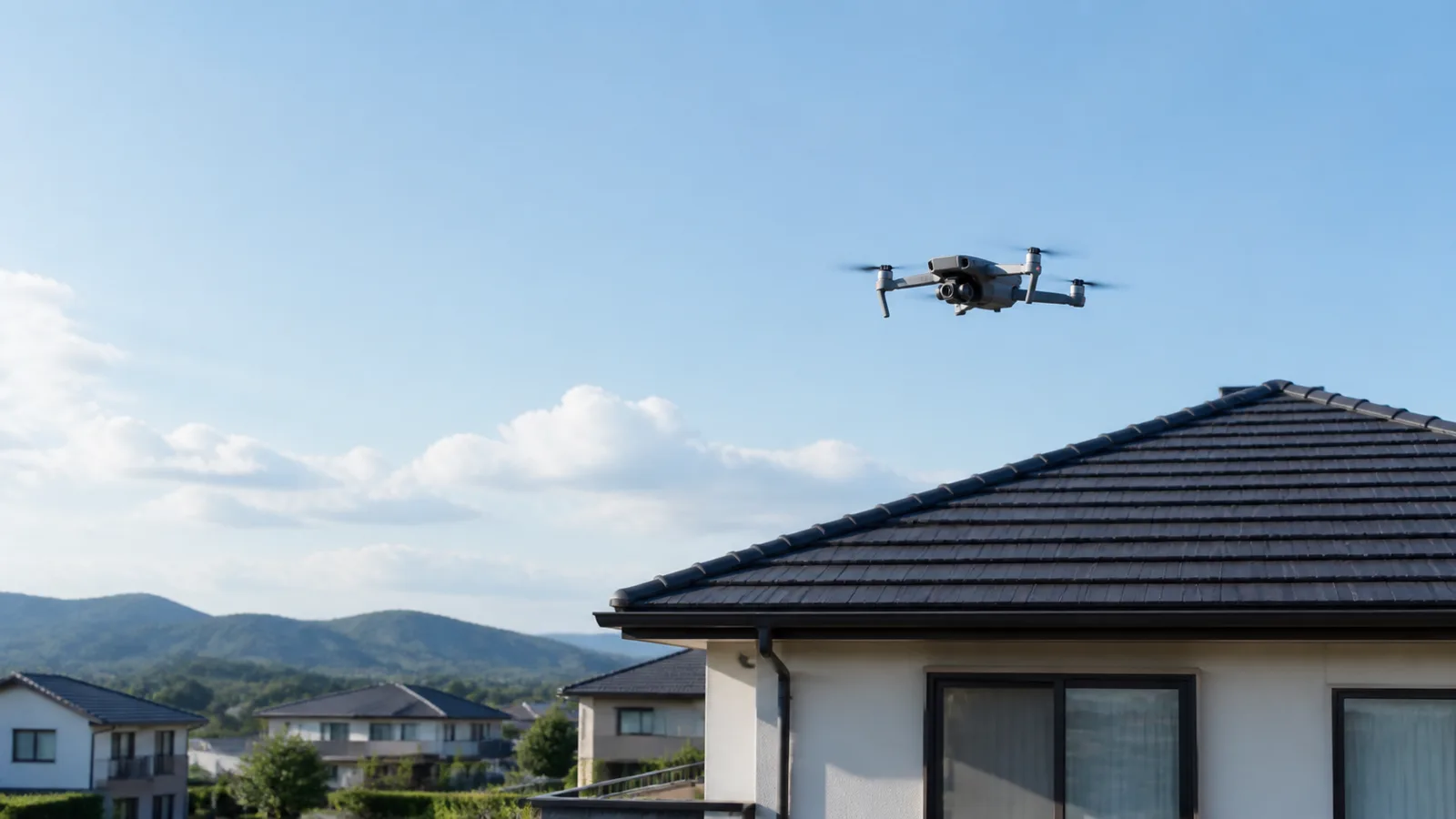 戸建住宅の屋根を飛行して点検するドローンのイメージ