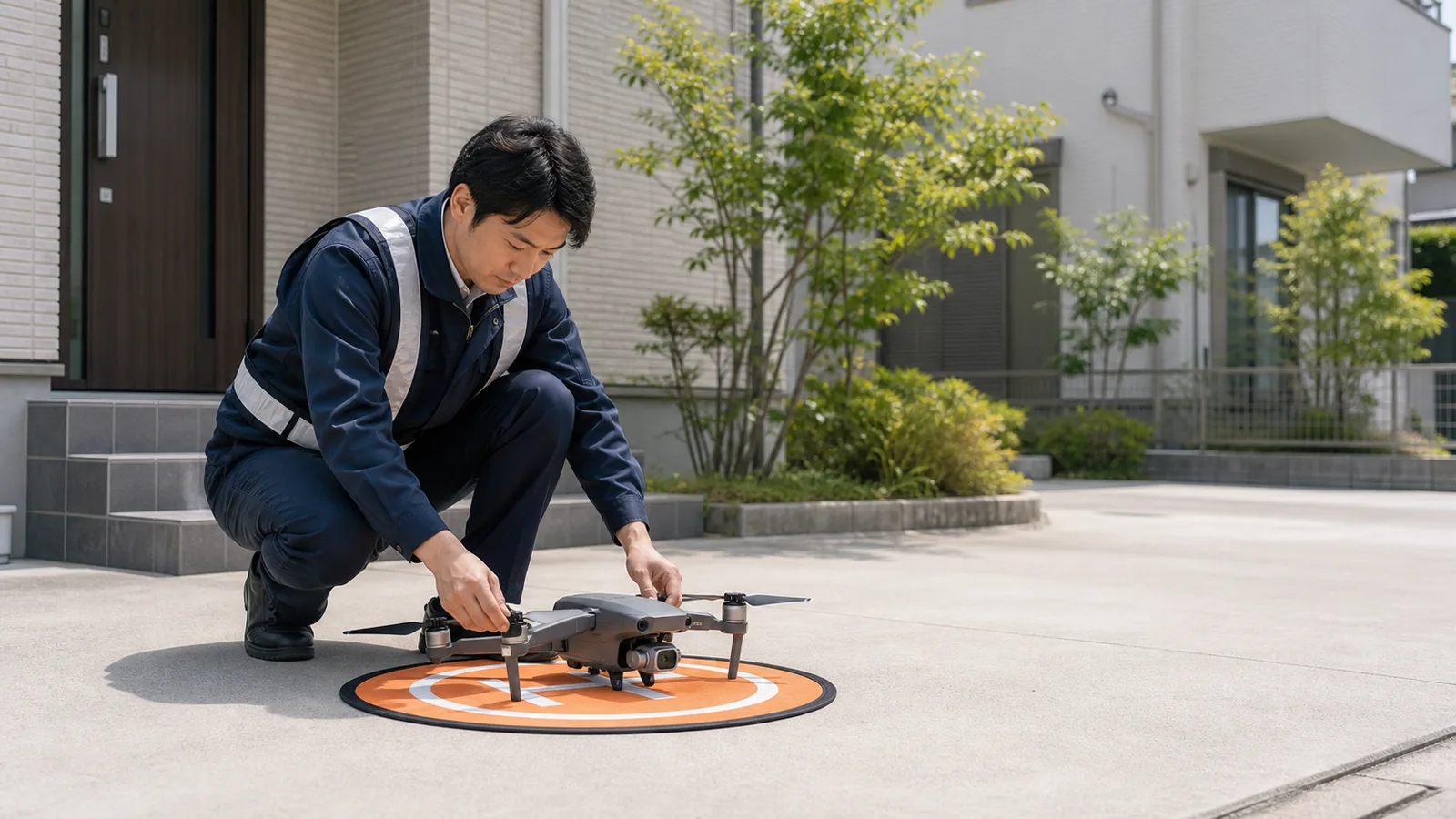 住宅前でドローンの飛行前点検を行うスタッフのイメージ