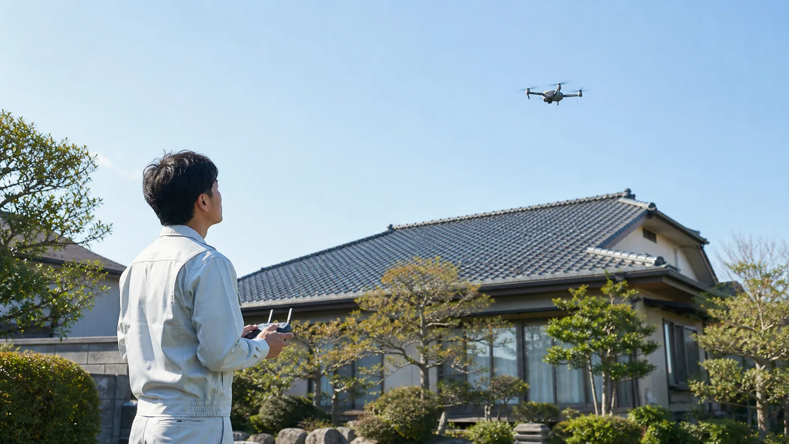 地上からドローンを操縦して屋根を点検するスタッフのイメージ