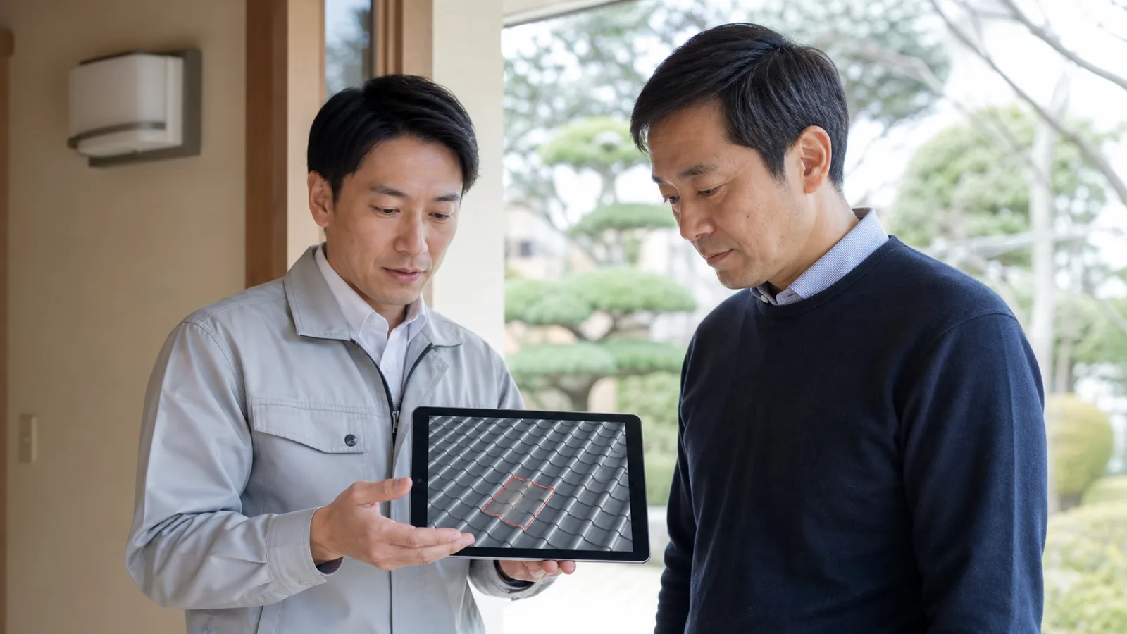 タブレットの屋根映像をお客様に説明するスタッフのイメージ